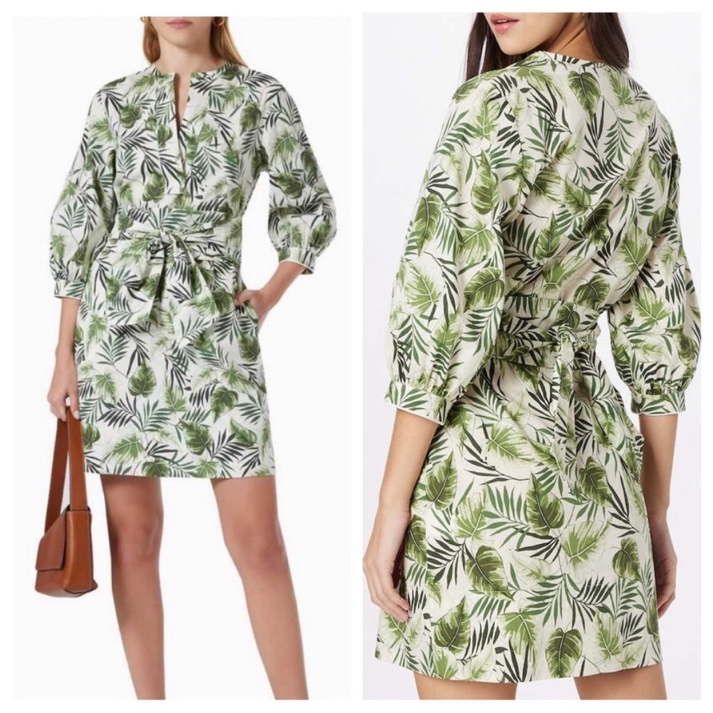 Reformation Marella Jervis belted botanical palm print dress in cream and green